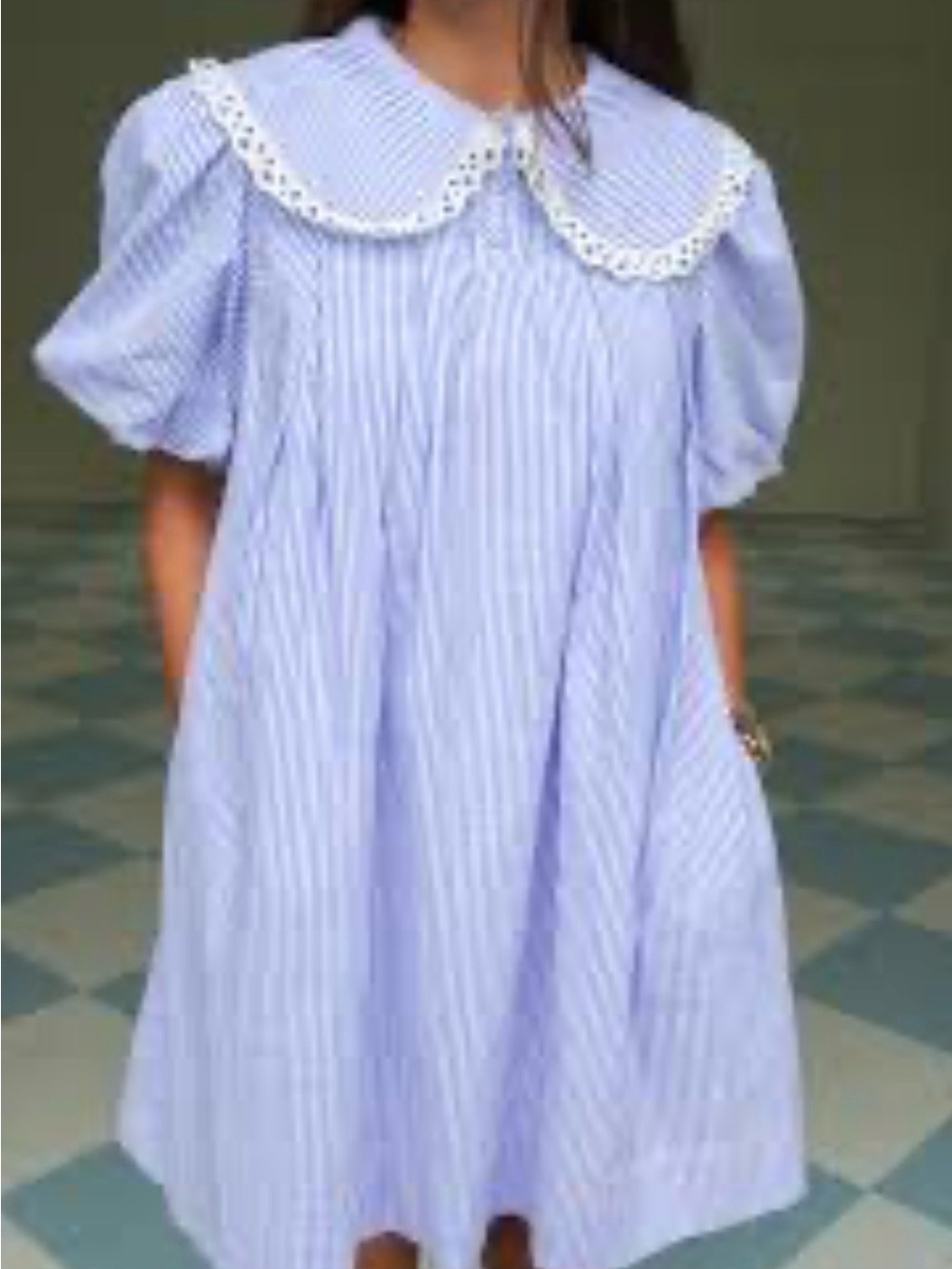 AUREUM Light Blue Striped Puff Sleeve Dress with Peter Pan Collar